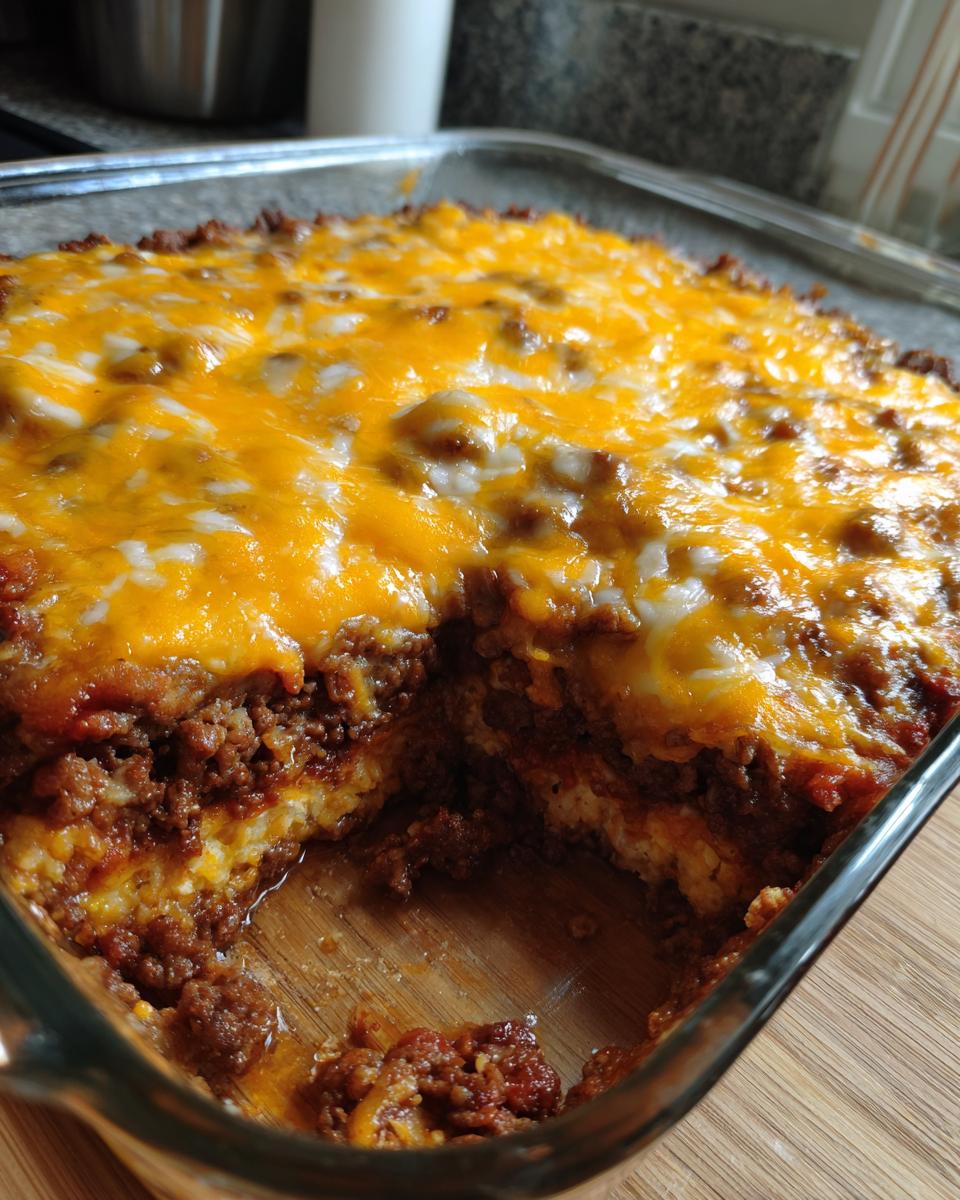 Close-up of baked texas trash dip in a glass dish with a scoop removed, showing layers of meat and melted cheddar cheese.
