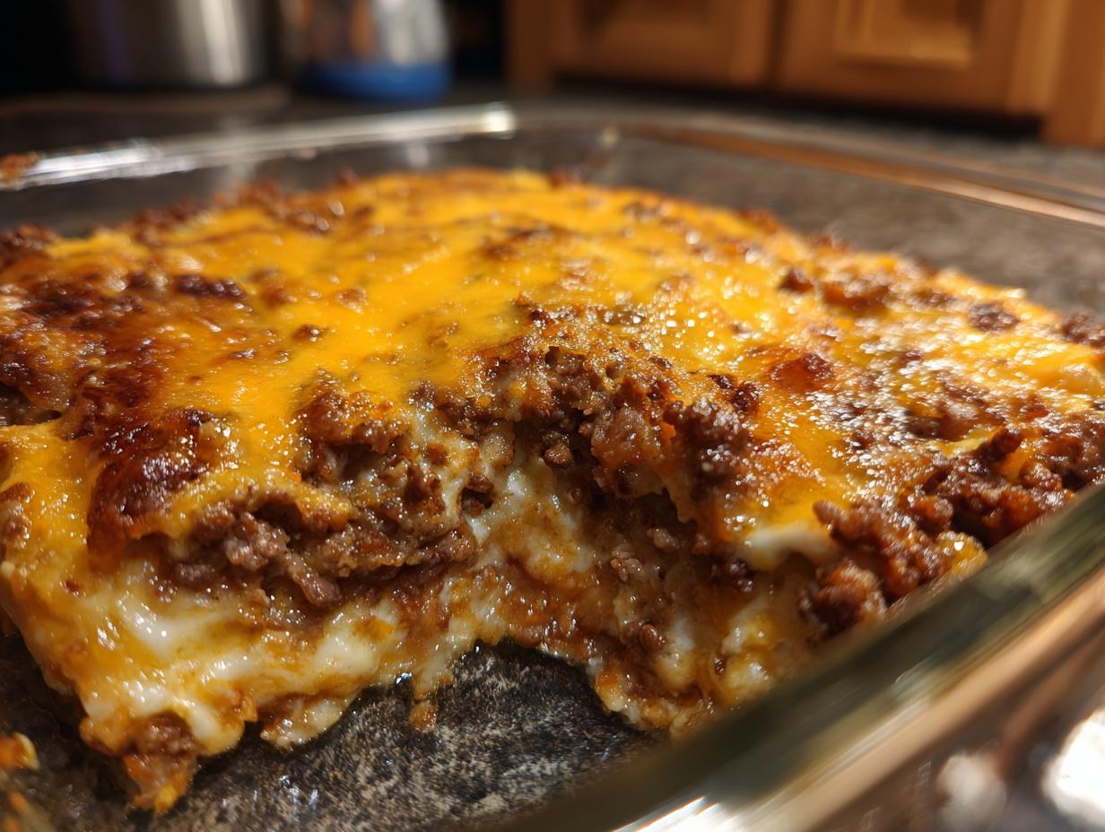 A close-up, angled shot showing a serving scooped out of a baking dish of hot texas trash dip, revealing layers of seasoned ground beef and melted cheese.