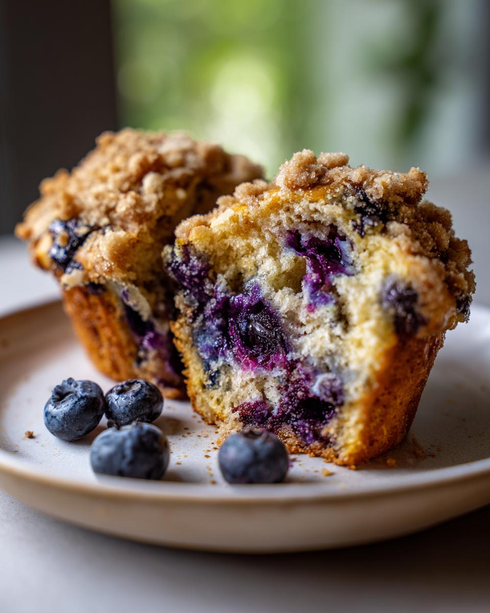 A bakery-style blueberry muffin cut in half showing moist interior and streusel topping, with fresh blueberries on the plate.