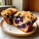 A bakery-style blueberry muffin cut in half, showing a moist interior packed with juicy blueberries and a golden crumb topping.