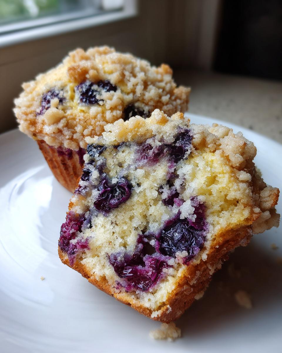 A close-up shot of a bakery-style blueberry muffin cut in half, showing moist crumb and streusel topping.