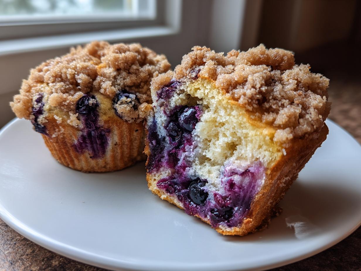 Close-up of a halved blueberry muffin showing a moist interior packed with blueberries and a thick streusel topping.