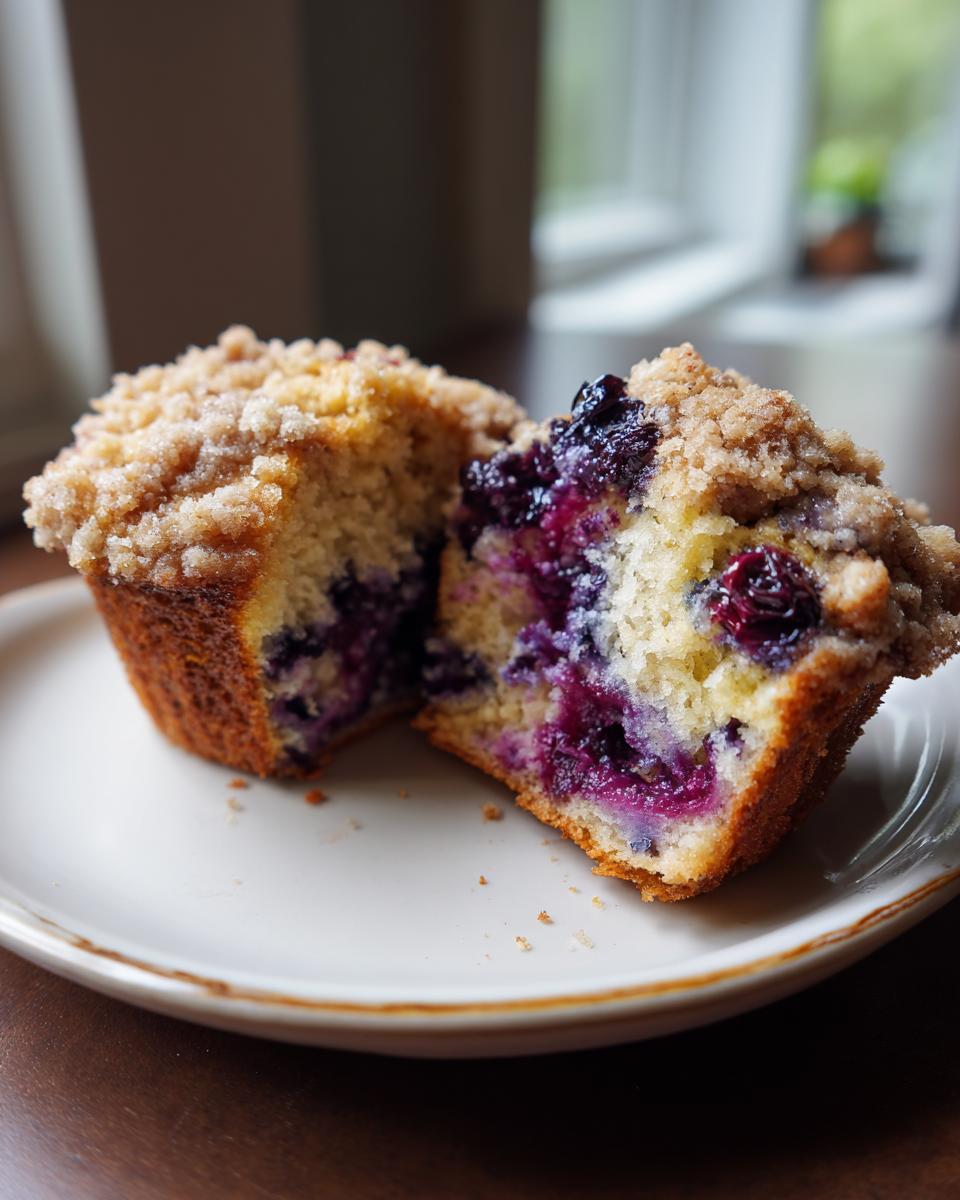 A bakery style blueberry muffin cut in half showing moist interior and rich blueberries, topped with streusel.