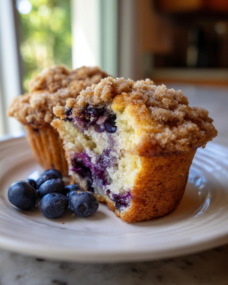Close-up of a bakery-style blueberry muffins cut in half showing moist interior and crumb topping, with fresh blueberries.