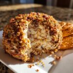 A delicious cheese ball recipe, coated in nuts and herbs, with a piece removed and served with crackers.