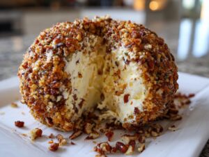 A large, creamy cheese ball recipe coated in toasted pecans, with a wedge removed to show the soft interior.