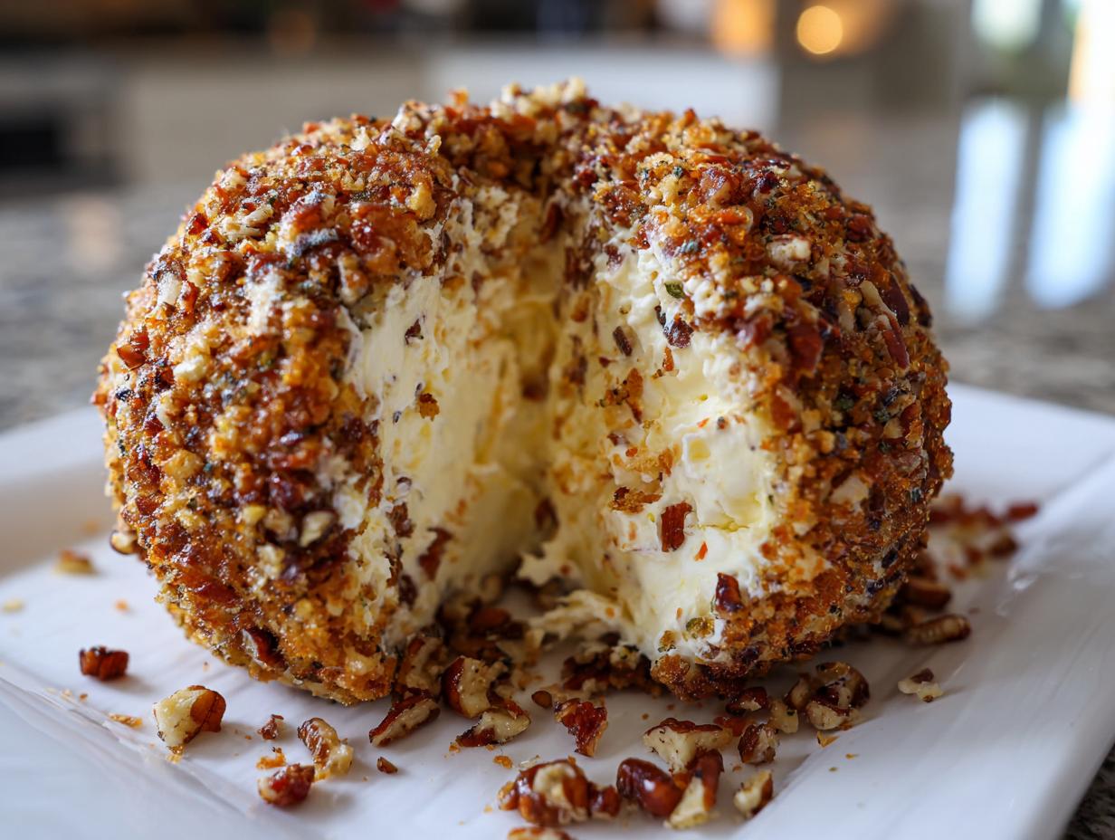 A large, creamy cheese ball recipe coated in toasted pecans, with a wedge removed to show the soft interior.
