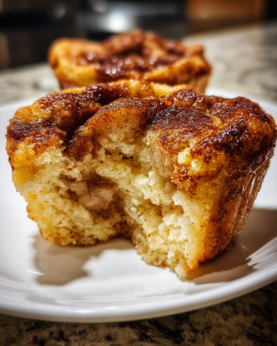 Close-up of a bitten apple cobbler muffin showing soft interior and cinnamon sugar topping.
