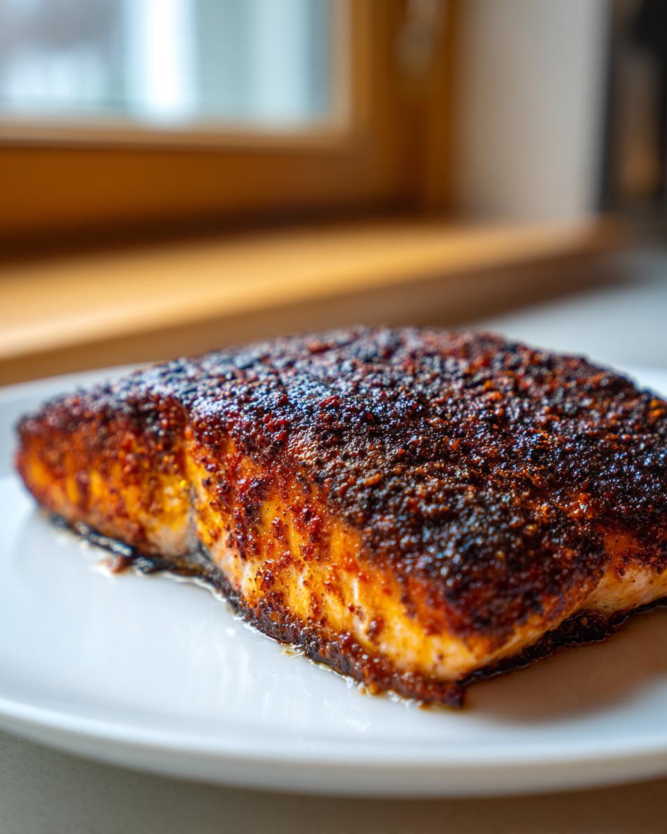 Close-up of a perfectly cooked piece of blackened salmon resting on a white plate, showing the dark spice crust.