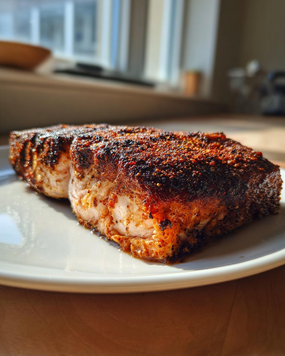 A thick, perfectly cooked piece of blackened salmon resting on a white plate, showing the dark spice crust.