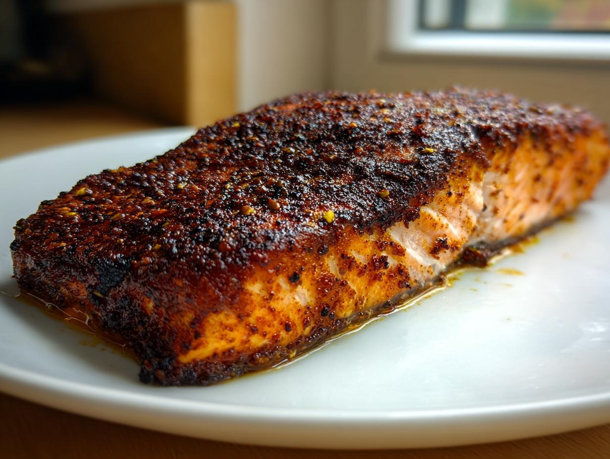 Close-up of a thick, beautifully seasoned blackened salmon fillet resting on a white plate.
