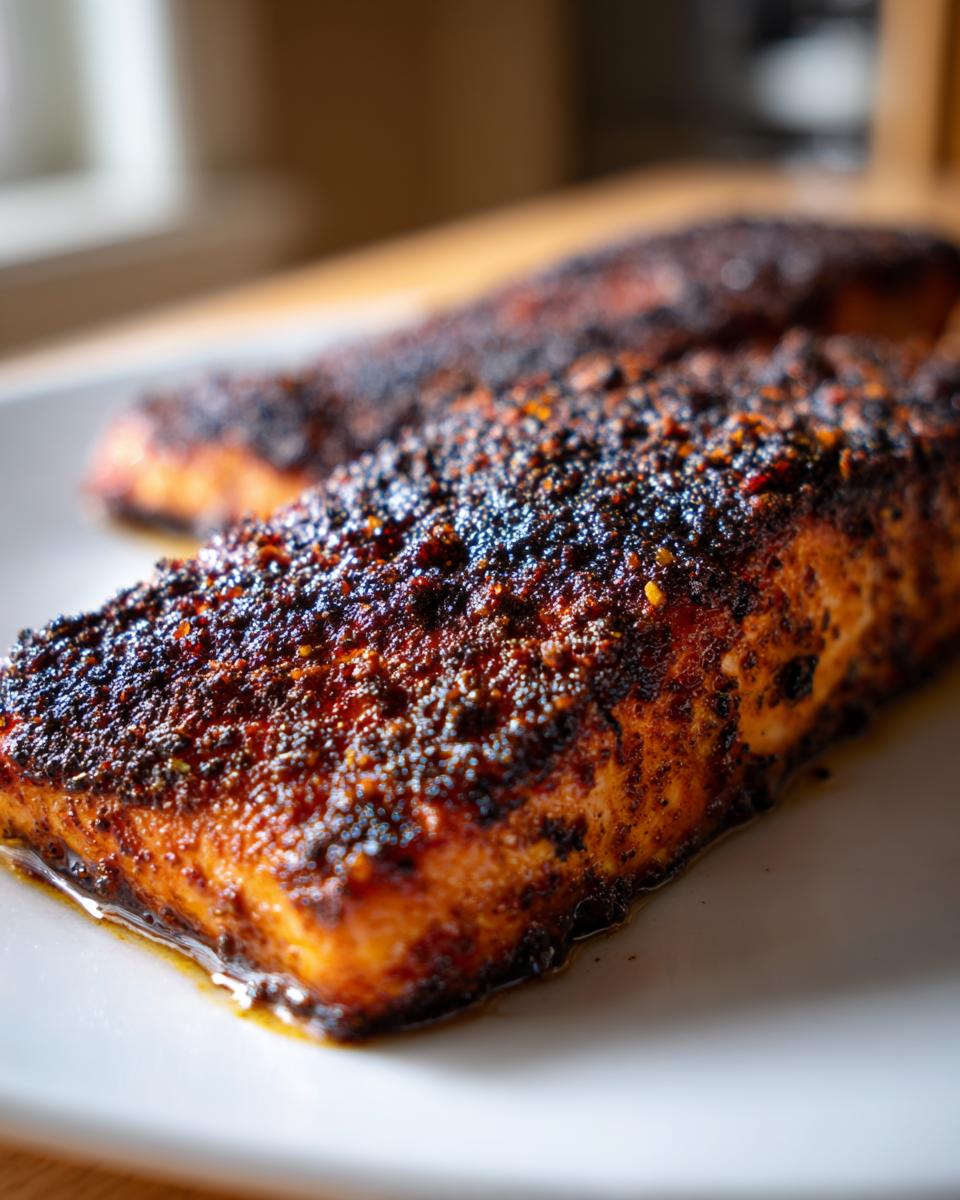 Close-up of a perfectly cooked piece of blackened salmon with a dark, spicy crust resting on a white plate.