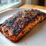 A close-up shot of a perfectly cooked blackened salmon fillet with a dark, spicy crust on a light plate.