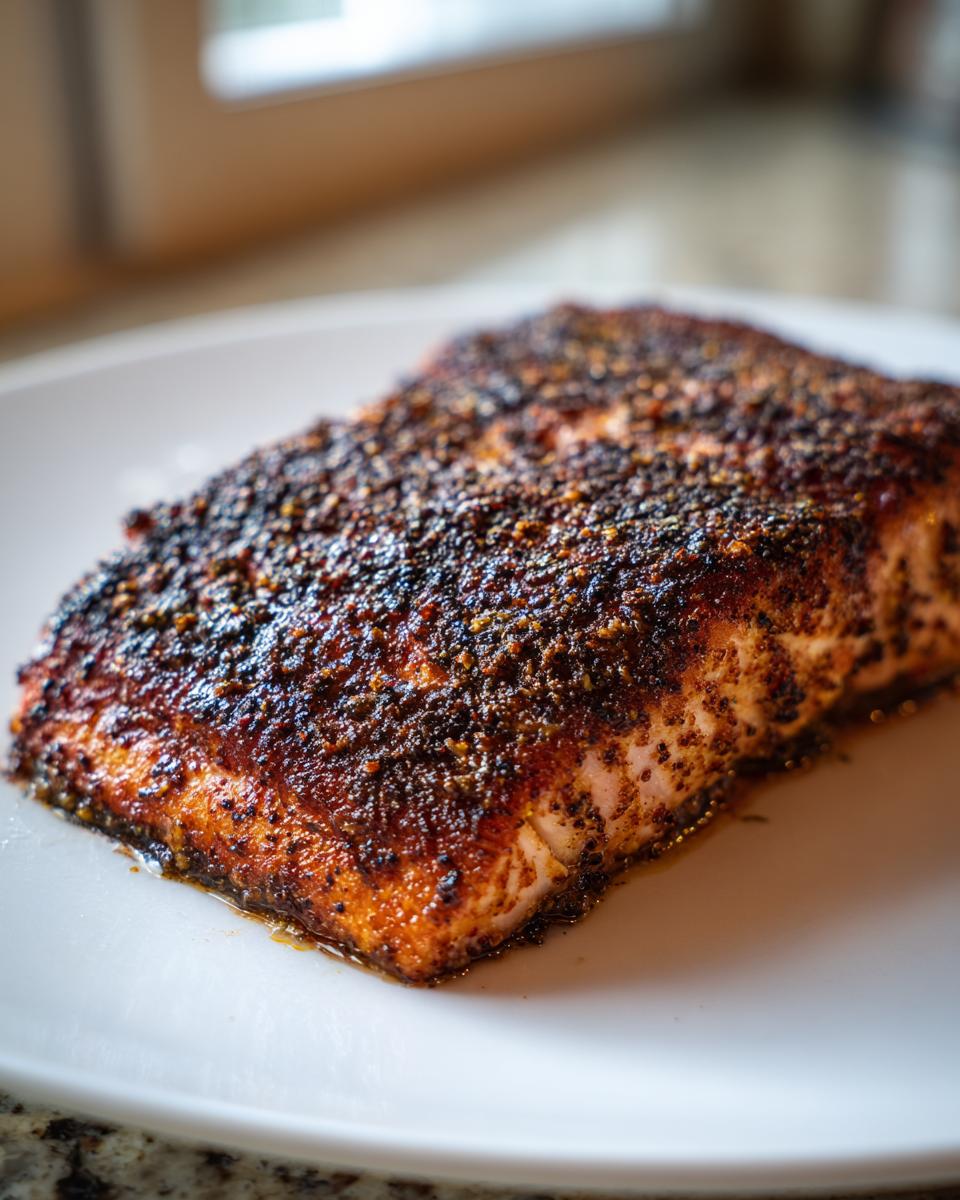 Close-up of a thick fillet of blackened salmon resting on a white plate, showing a dark, heavily spiced crust.
