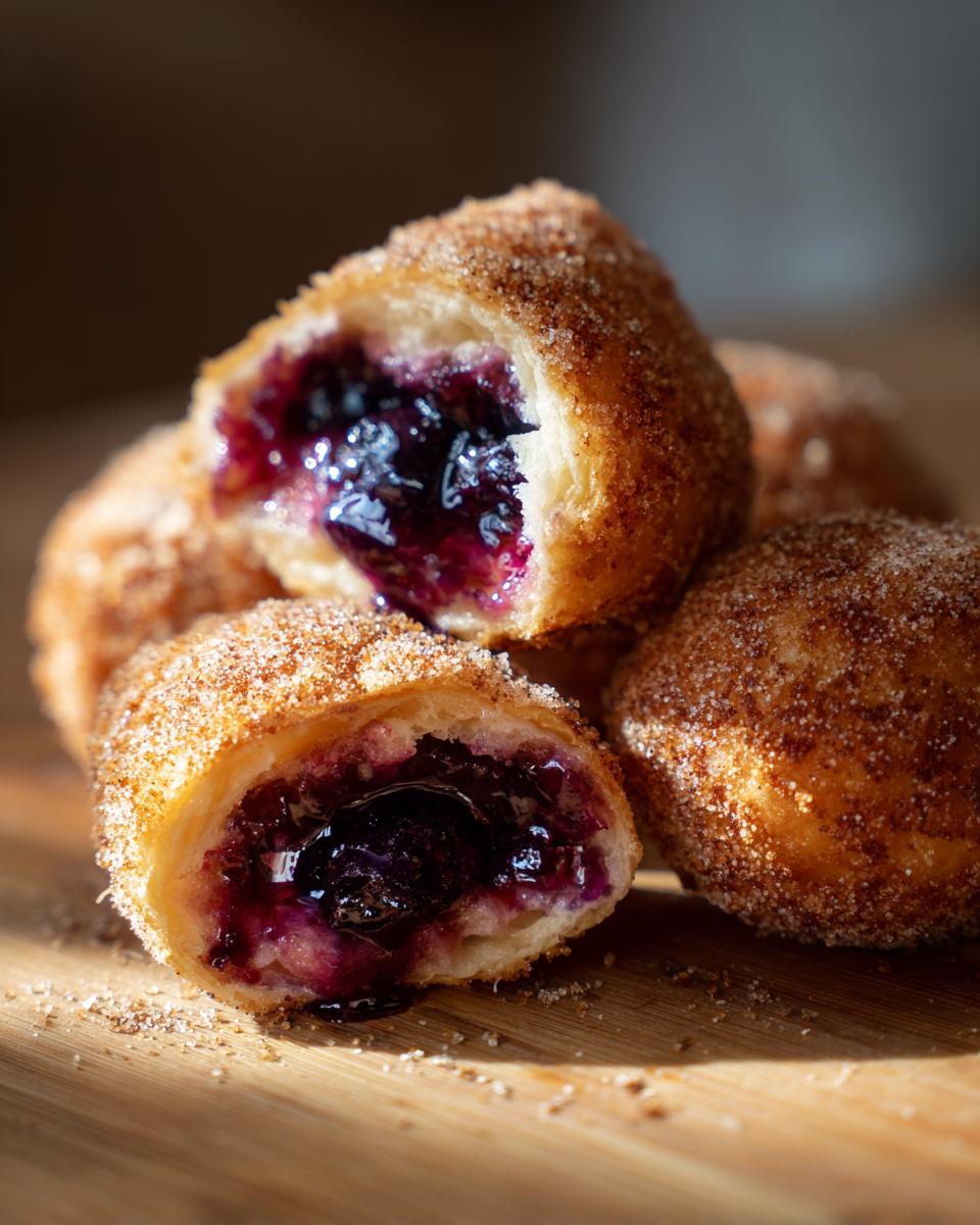 Close-up of Blueberry Pie Bombs, one cut open revealing gooey blueberry filling and cinnamon sugar coating.