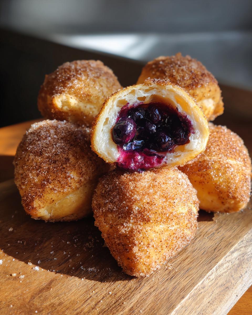 A stack of golden-brown Blueberry Pie Bombs coated in cinnamon sugar, one cut open to show the juicy blueberry filling.