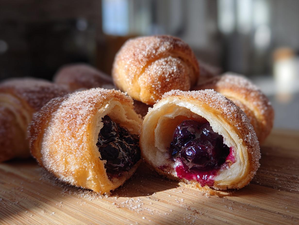 A close-up view of a sugared Blueberry Pie Bomb cut in half, revealing the rich, dark blueberry filling inside.