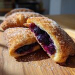 A Blueberry Pie Bomb cut in half showing the gooey blueberry filling, coated in cinnamon sugar.