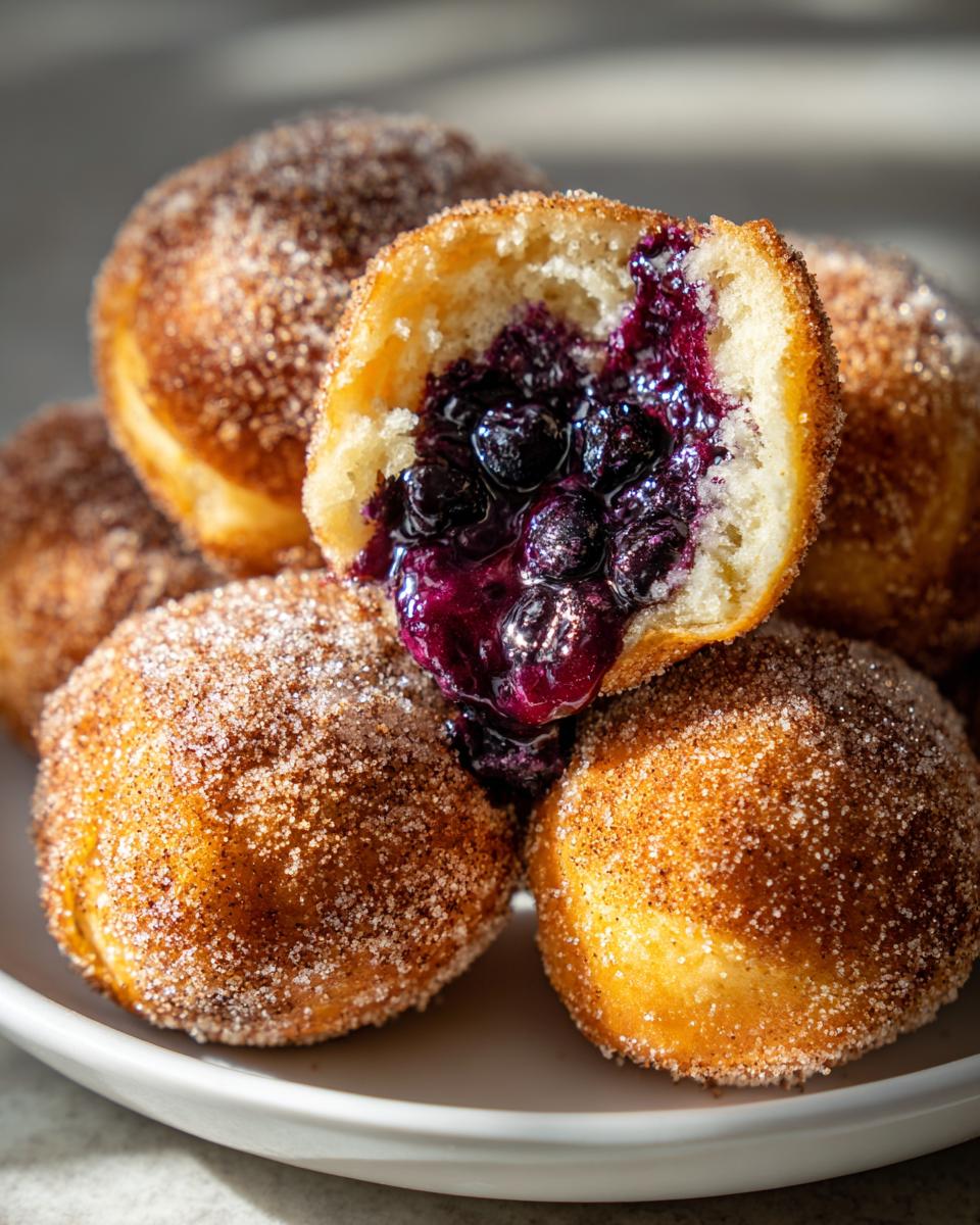 A stack of golden, sugar-coated Blueberry Pie Bombs, one cut open to show the rich, gooey blueberry filling.