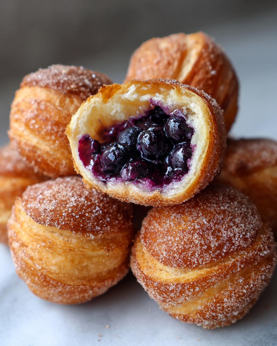 A stack of golden, sugared Blueberry Pie Bombs, with one cut open revealing the rich blueberry filling inside.
