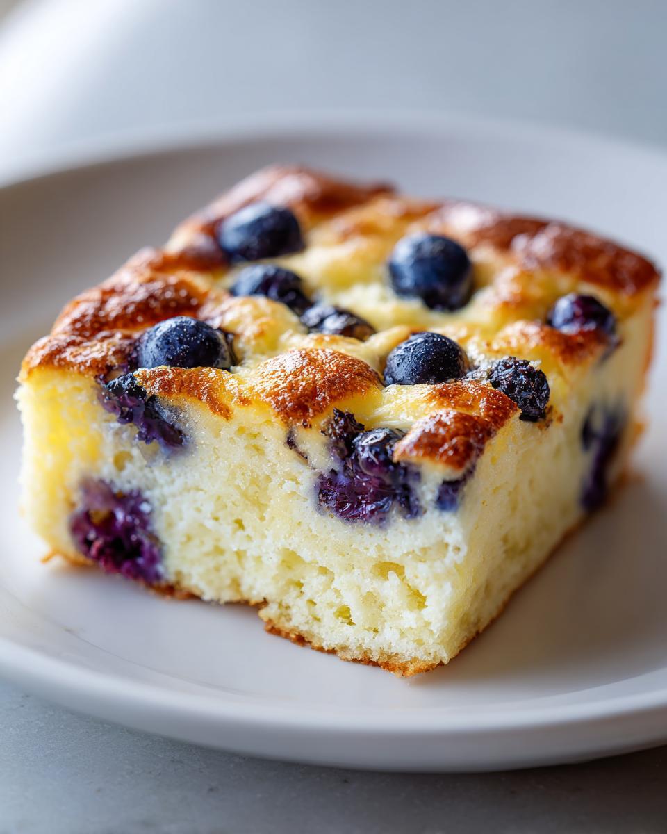 Close-up of a thick, fluffy slice of blueberry sheet pan pancakes with a golden-brown top.