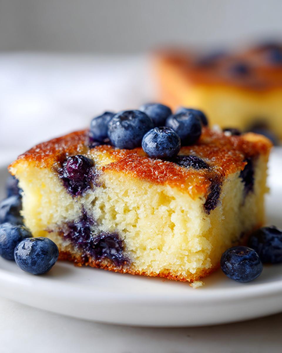 Close-up of a square slice of fluffy blueberry sheet pan pancakes topped with fresh blueberries.