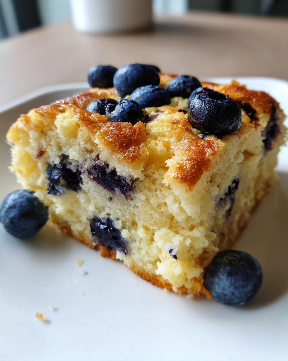 Close-up of a square slice of golden-brown sheet pan pancakes studded with blueberries, served on a white plate.
