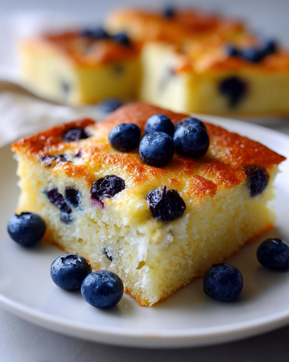 Close-up of a square slice of fluffy blueberry sheet pan pancakes topped with fresh blueberries.