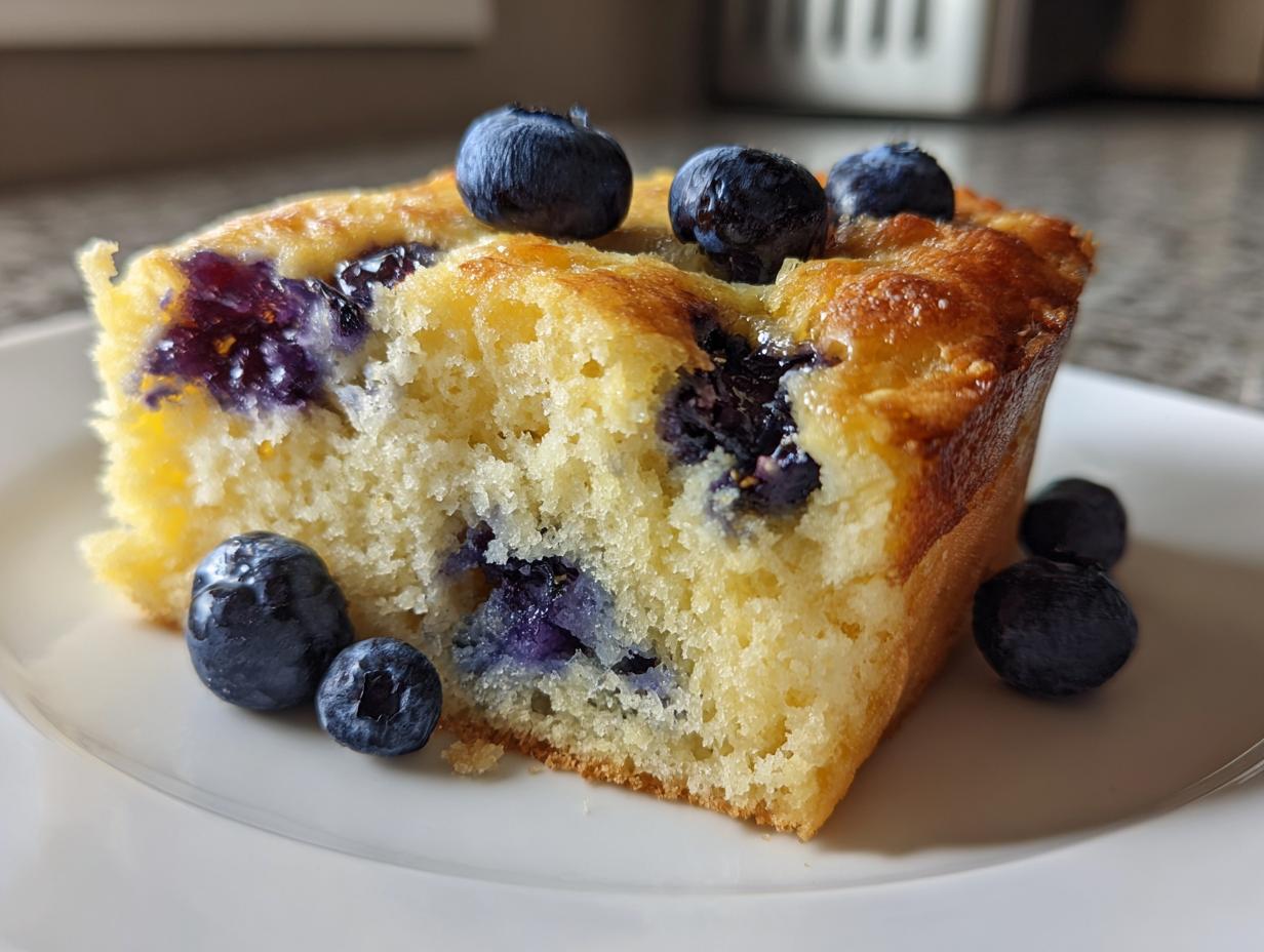 Close-up of a square slice of golden blueberry sheet pan pancakes topped with fresh blueberries on a white plate.