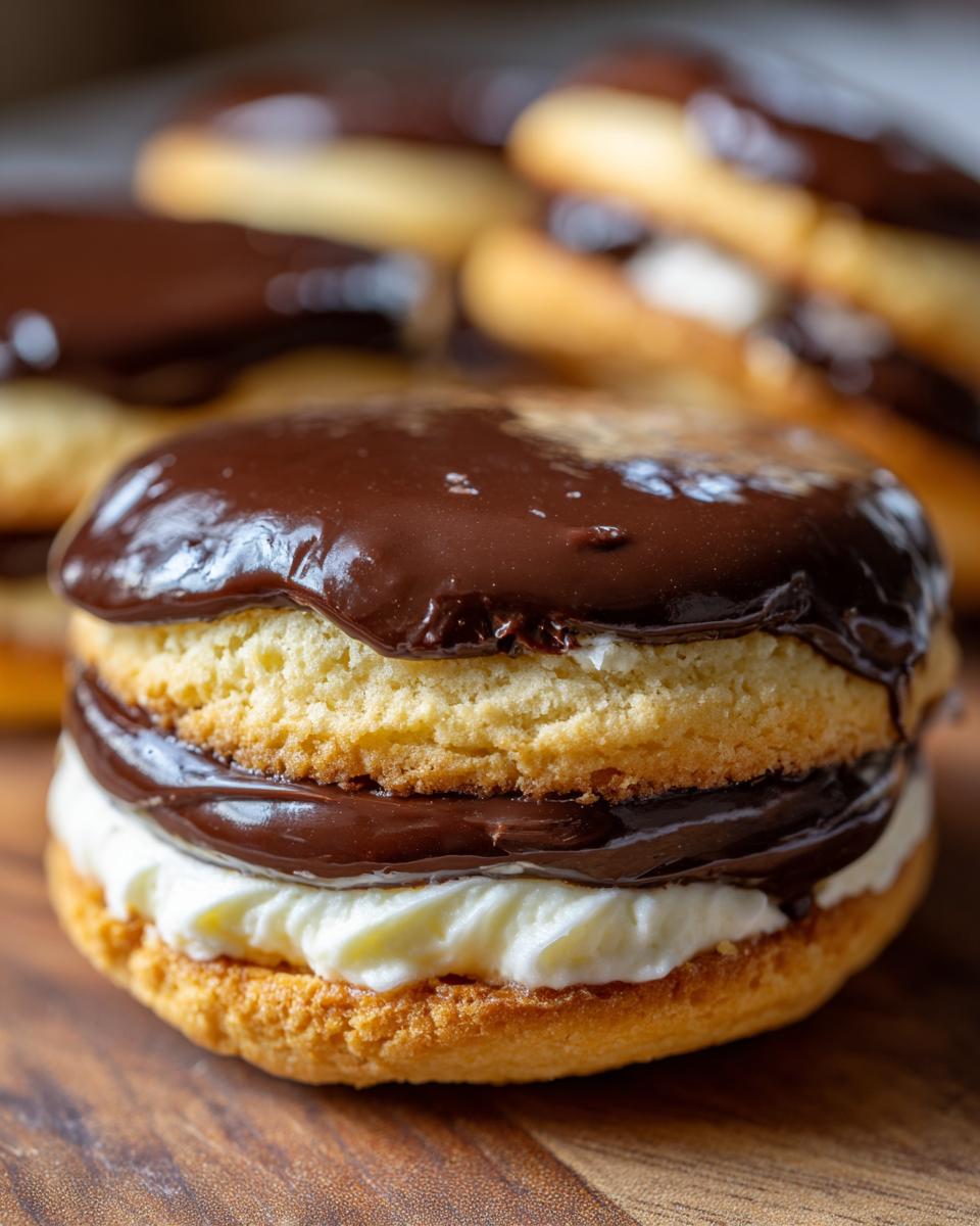 A close-up of a layered boston cream pie cookie filled with cream and chocolate ganache.