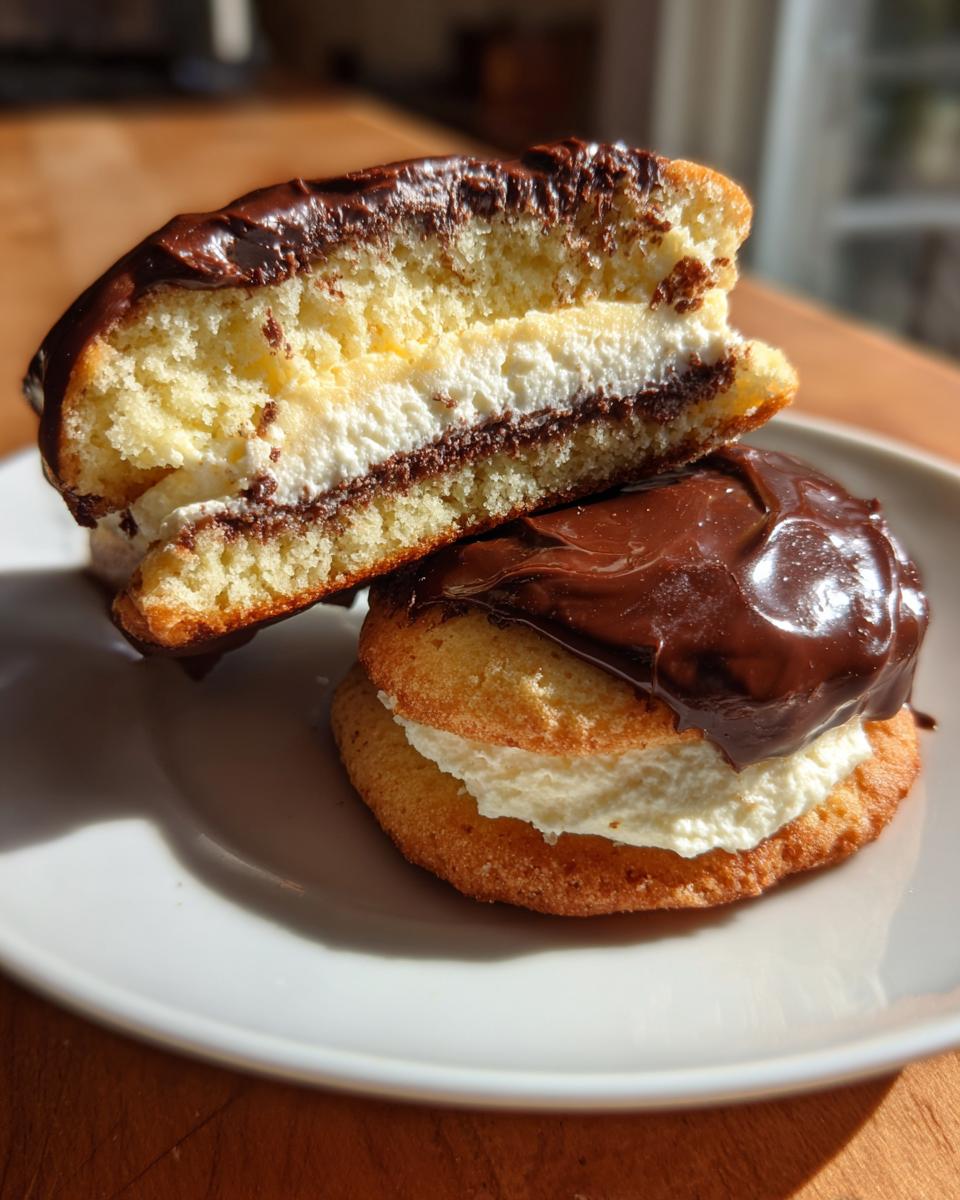 A close-up of boston cream pie cookies, one whole and one cut in half showing vanilla cream filling and chocolate glaze.