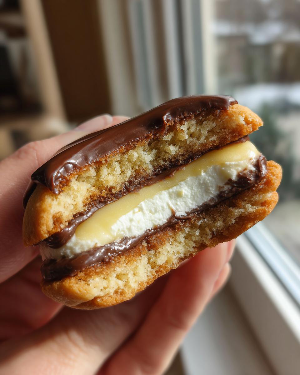 Close-up of a hand holding a cross-section of a boston cream pie cookie showing cake, cream, and chocolate glaze.