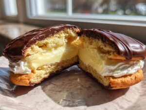 Cross-section view of a boston cream pie cookie showing vanilla cream filling, whipped cream, and chocolate glaze.
