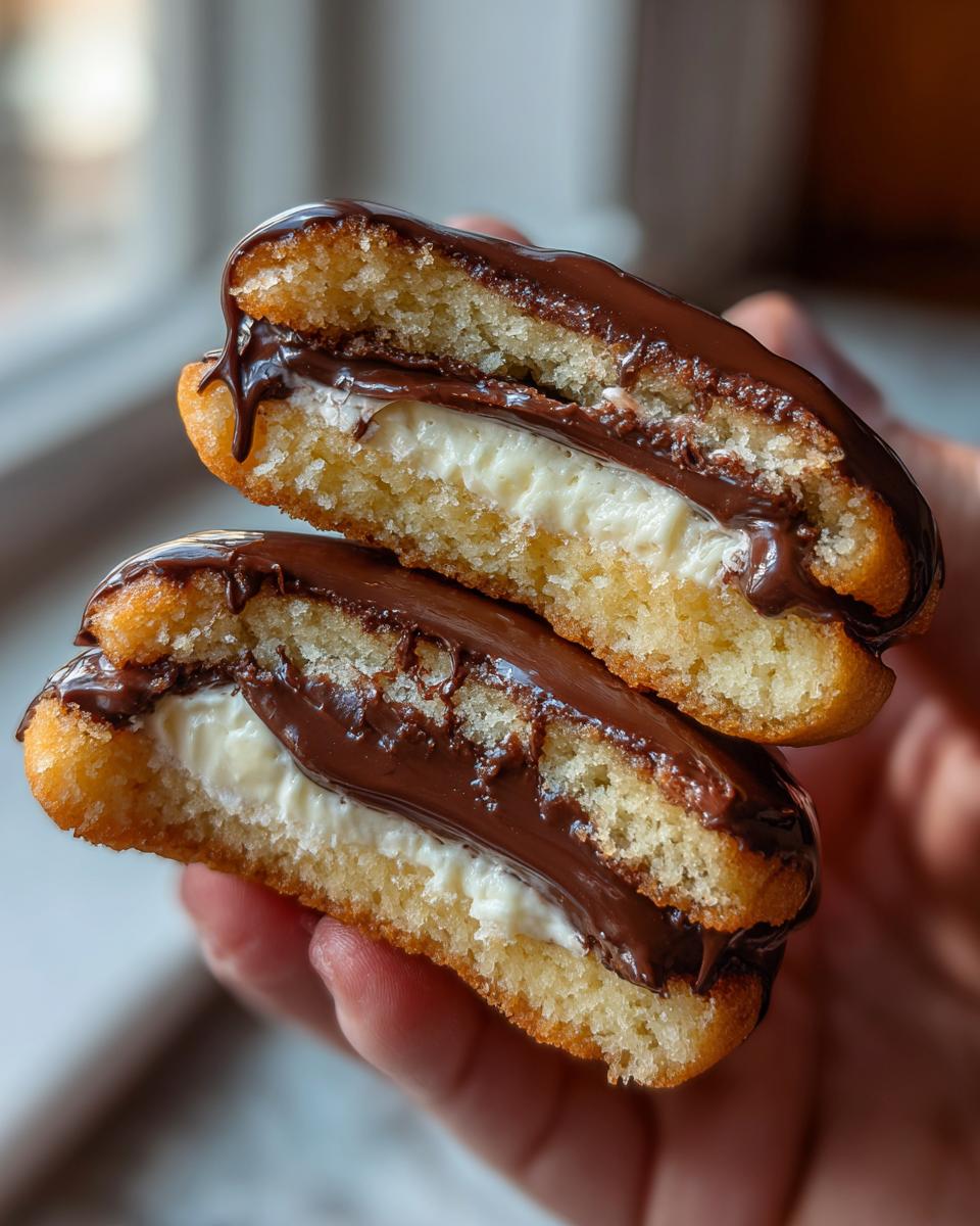 Close-up of boston cream pie cookies cut in half showing vanilla cream filling and chocolate ganache.