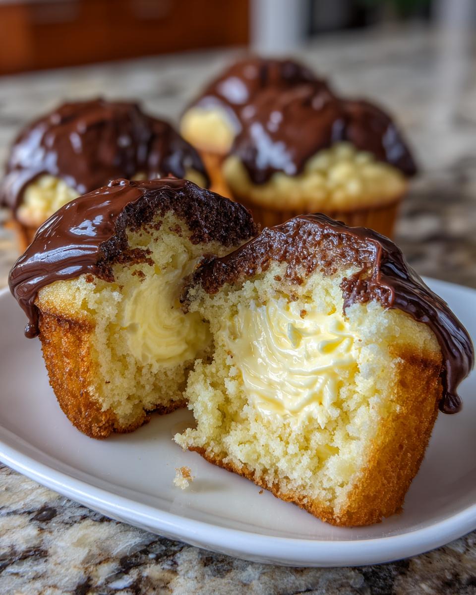 A boston cream pie cupcake cut in half showing the rich vanilla pastry cream filling inside the yellow cake.