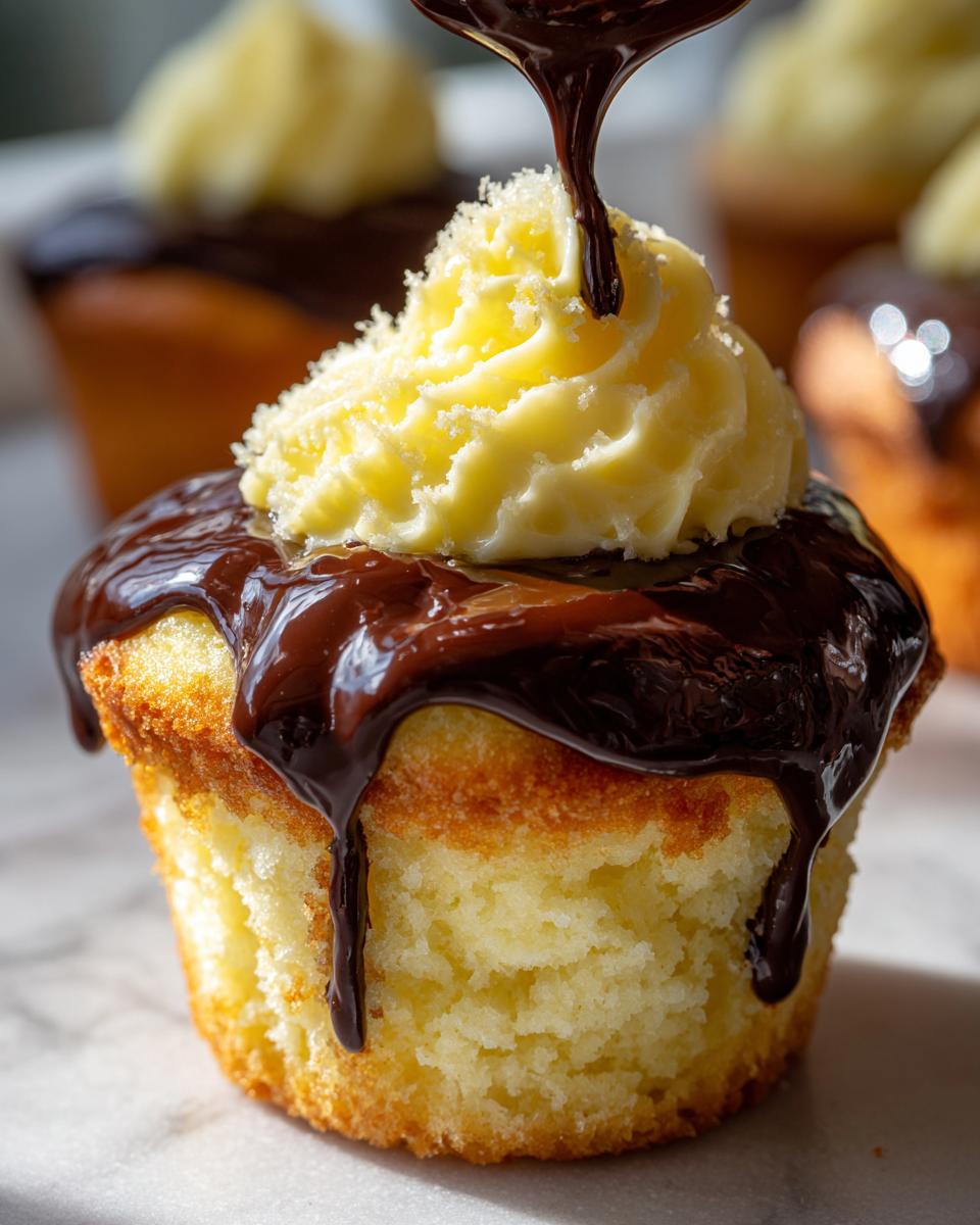 Close-up of a boston cream pie cupcake being topped with rich chocolate ganache over vanilla cream.