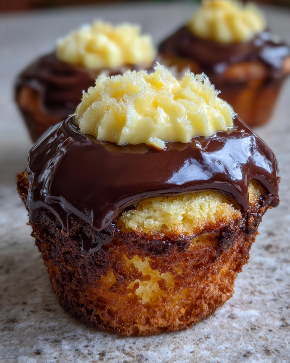 A close-up of a boston cream pie cupcake topped with rich chocolate ganache and a dollop of yellow pastry cream.