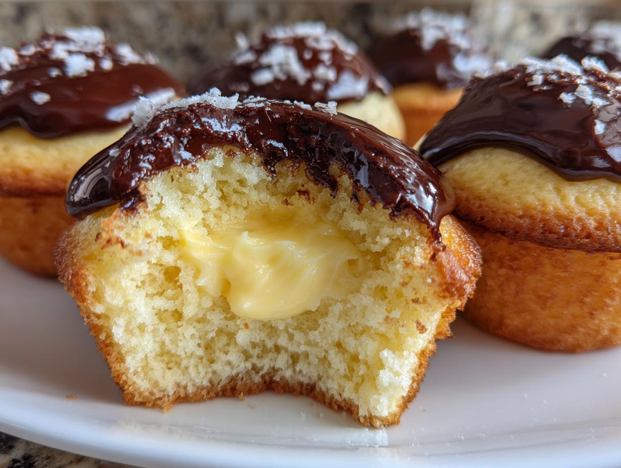 Close-up of a boston cream pie cupcake cut in half showing vanilla cake and creamy yellow filling, topped with chocolate glaze and coconut.