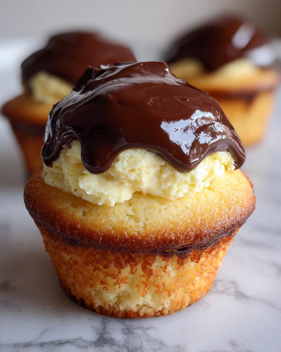 A close-up of a delicious boston cream pie cupcake topped with vanilla cream filling and glossy chocolate ganache.