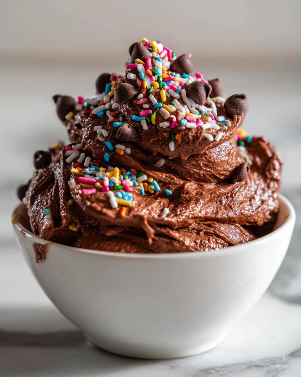 A close-up of rich chocolate brownie batter dip piled high in a white bowl, topped with rainbow sprinkles and chocolate chips.
