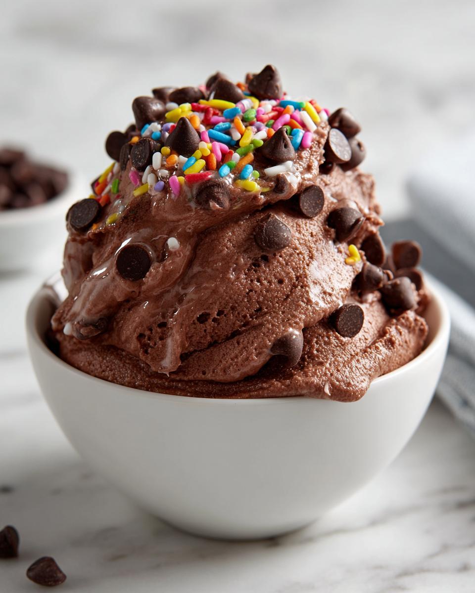 A scoop of rich, chocolate brownie batter dip overflowing from a white bowl, topped with colorful sprinkles and chocolate chips.