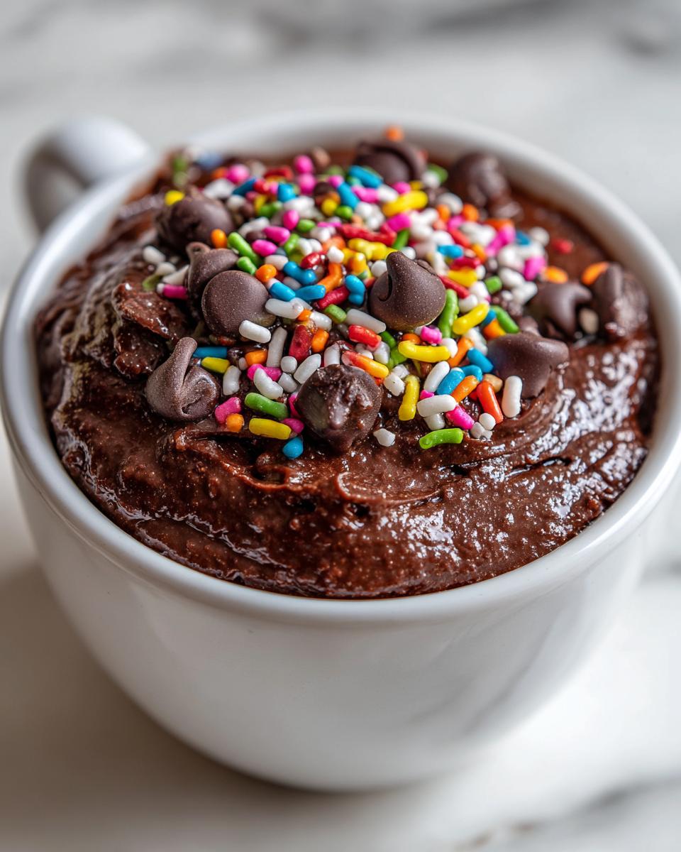 Close-up of rich, thick brownie batter dip in a white mug, topped generously with colorful sprinkles and chocolate chips.
