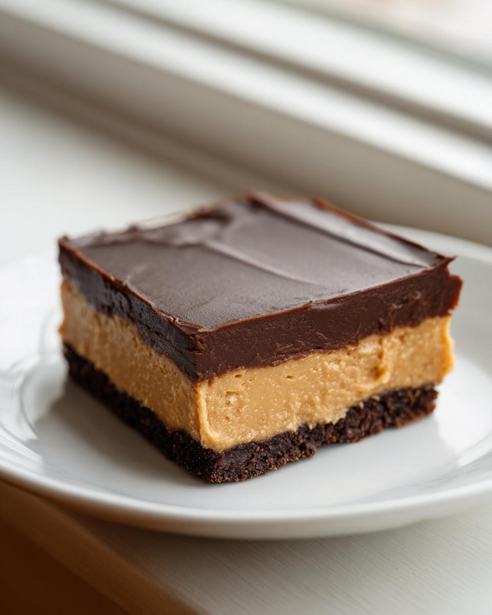 A single square of layered buckeye fudge featuring a dark chocolate crust, thick peanut butter center, and rich chocolate ganache top.
