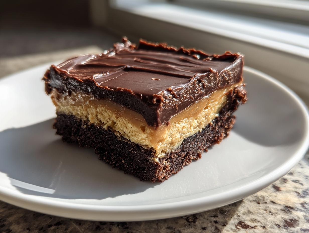 A single, layered buckeye fudge square featuring a dark chocolate base, peanut butter filling, and chocolate ganache topping.