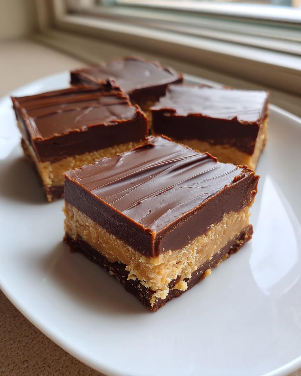 Four squares of rich buckeye fudge featuring a peanut butter layer topped with smooth chocolate ganache, served on a white plate.