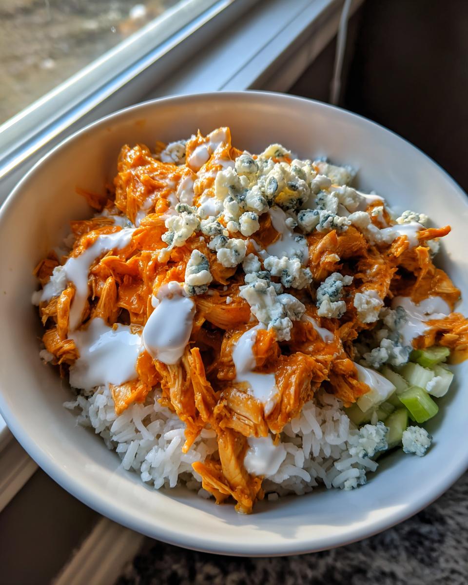 A close-up of a white bowl filled with a buffalo chicken bowl featuring shredded orange buffalo chicken over white rice, topped with blue cheese crumbles and ranch dressing.