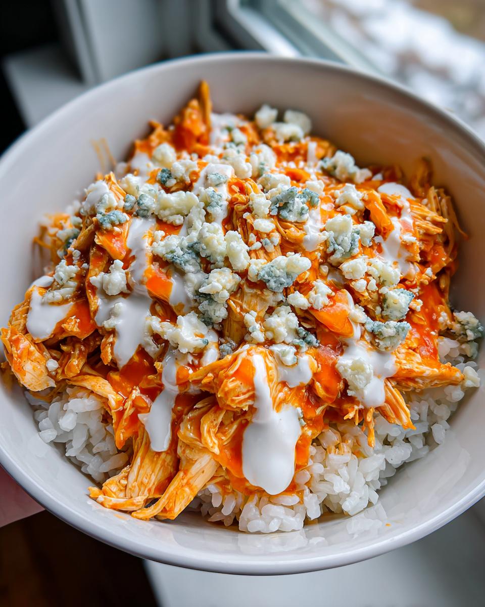 A close-up of a buffalo chicken bowl featuring shredded chicken in orange sauce over white rice, topped with blue cheese crumbles and ranch dressing.
