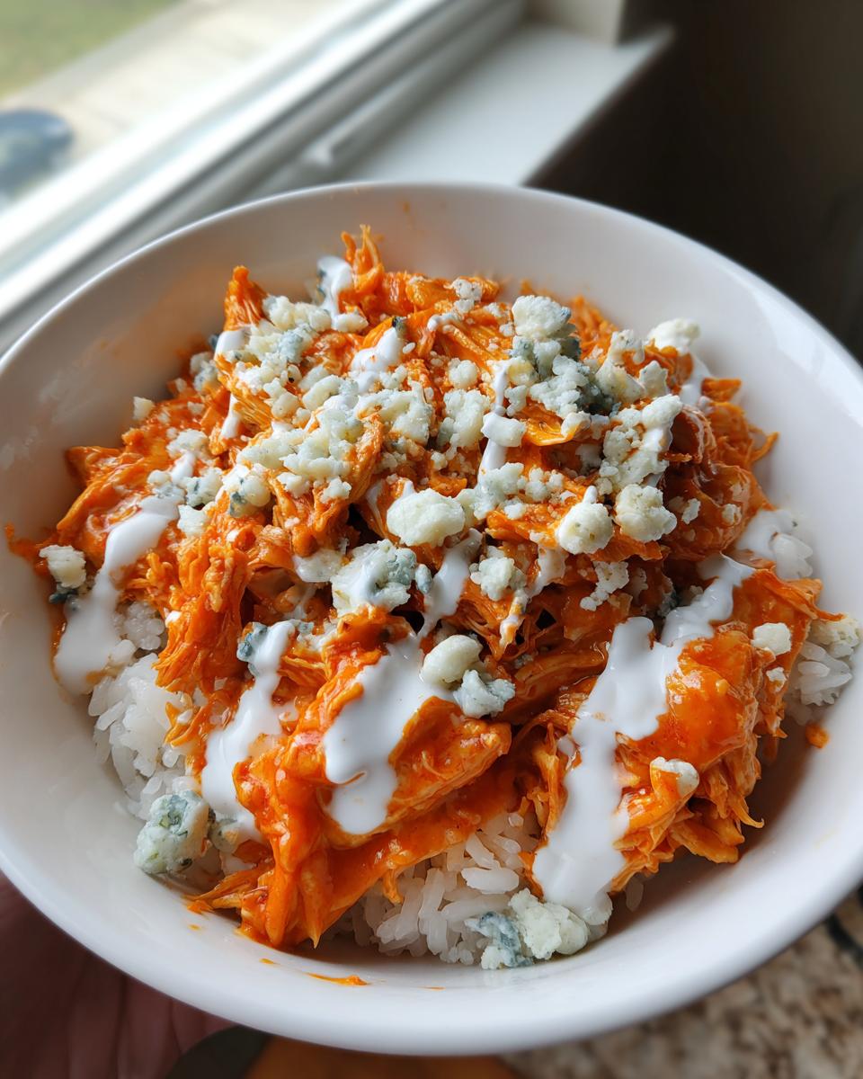Close-up of a white bowl filled with a buffalo chicken bowl featuring shredded chicken, rice, blue cheese crumbles, and ranch dressing.