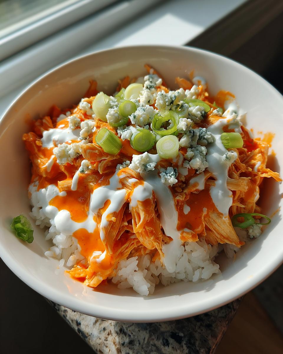 A close-up of a buffalo chicken bowl featuring shredded orange buffalo chicken over white rice, drizzled with ranch and blue cheese crumbles.