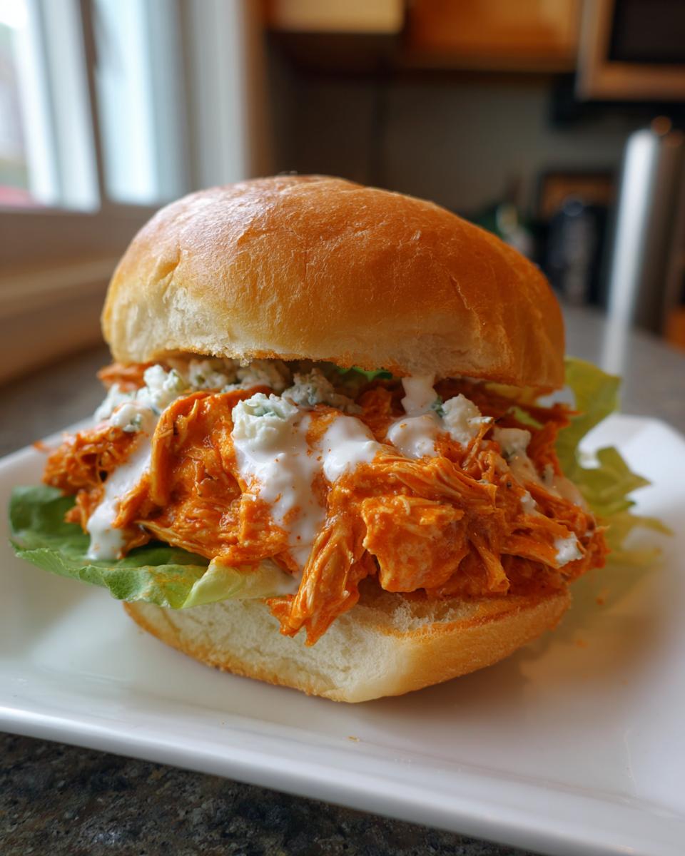 A close-up of a messy, delicious buffalo chicken sandwich piled high with shredded orange chicken, blue cheese dressing, and lettuce.
